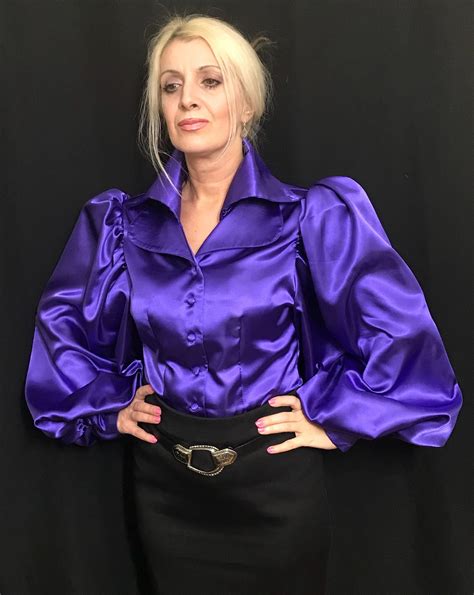 deep purple lapel collar satin balloon blouse in sizes xs s m etsy satin skirt outfit satin