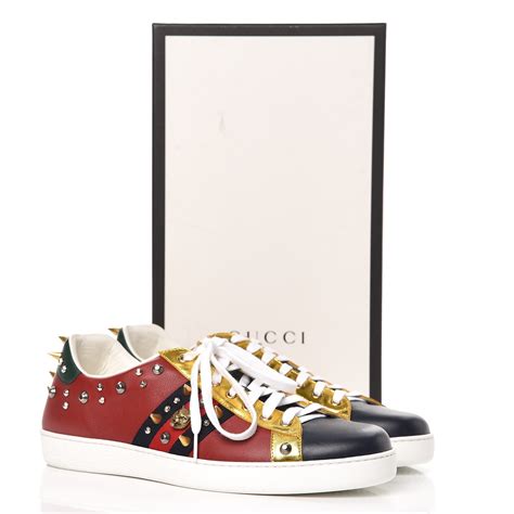 Gucci Mens Calfskin Web Studded Ace Sneakers 10 Red 244559