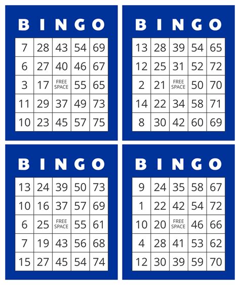 Four Blue And White Printable Numbers With The Word Bingo On Them
