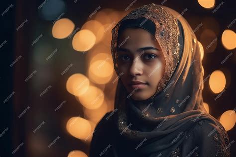 Premium Ai Image A Young Woman With A Scarf On Her Head Stands In