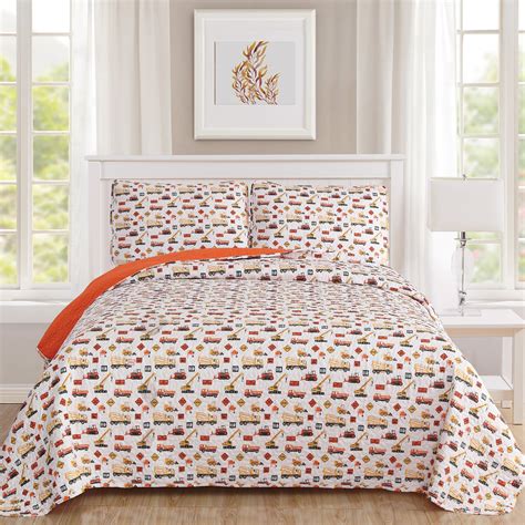 1 fitted sheet, 1 flat sheet, 1 pillowcase. Sweet Home Collection Reversible Kids Construction Quilt ...