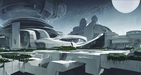 Elegant Sci Fi Castle With White Walls Overlooking A Stable