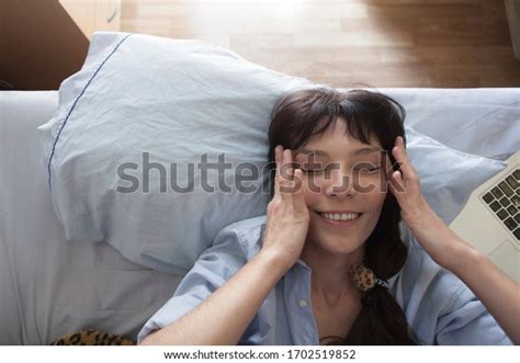 Woman Sleeping Bed Hugging Laptop Woman Stock Photo 1702519852
