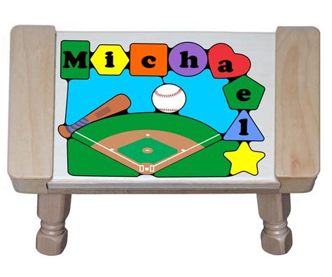 Each stool is handcrafted and painted in either bright primary, jewel or pastel colors please allow a little extra time for shipping when ordering white stools. personalized name baseball theme puzzle stool