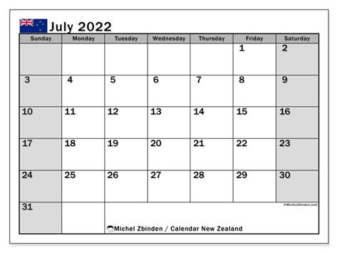 Printable July 2022 “new Zealand Ss” Calendar Michel Zbinden En