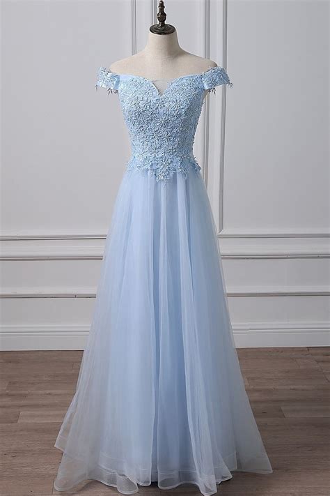 Elegant Off Shoulder Long Sky Blue Lace Prom Dress Off Shoulder Sky