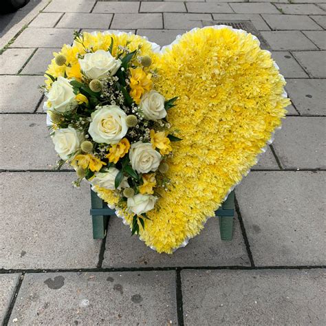 Yellow And White Standing Heart Shaped Funeral Flowers Wreath Tribute