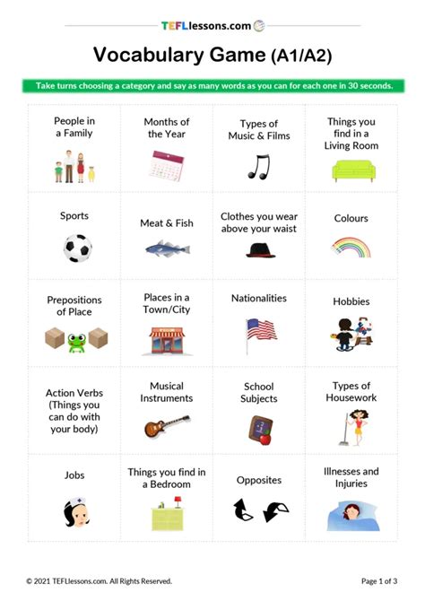 Vocabulary Game Tefl Lessons Esl Worksheets