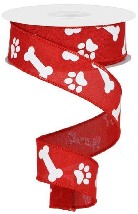 Red Paw Print Dog Bone Wired Ribbon 1 12 Inch White Paw Etsy