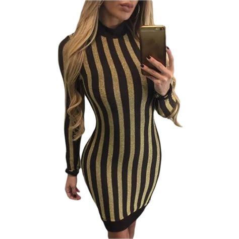 gold black vertical stripes women mock o neck package hip bodycon dresses runway full sleeve