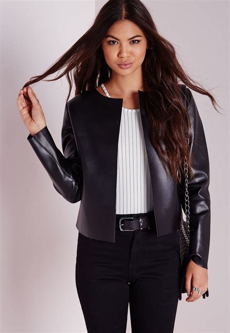 Lyst Missguided Collarless Faux Leather Jacket Black In Black