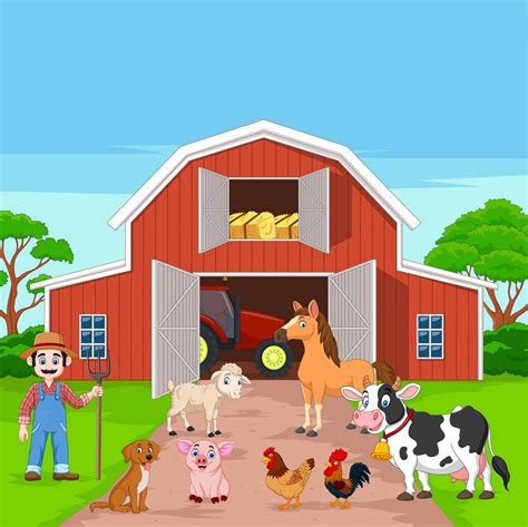 Cartoon Farmer And Farm Animals In The Barnyard 8604920 Vector Art At