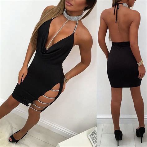 Buy Womens Sexy Deep V Neck Halter Backless Choker Slit Sequin Bodycon Mini Dress At Affordable