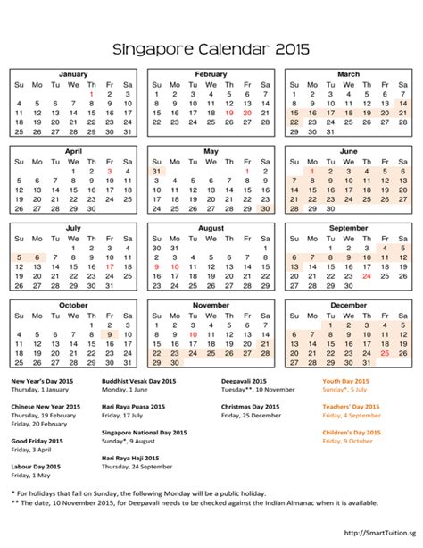 2015 Singapore Calendar With Holidays
