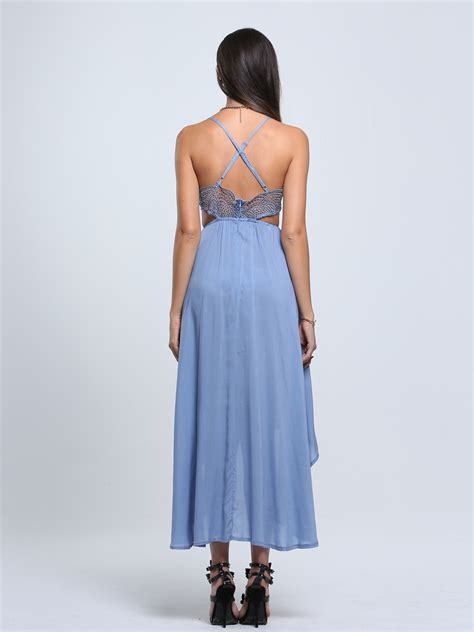 Blue Lace Top Cut Out Backless Hi-lo Dress | Choies
