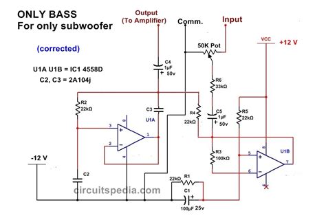 Supply voltage vcc 20 or ±10 v. ic 4558 Subwoofer Bass Booster Circuit diagram , bass circuit for woofer