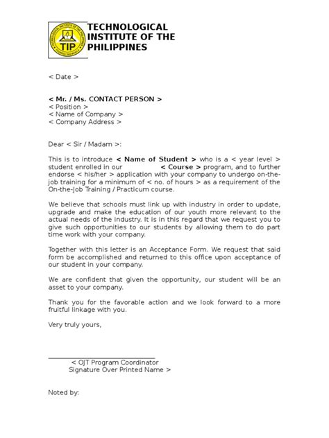 Sample fresher job application letter. Ojt Endorsement Letter