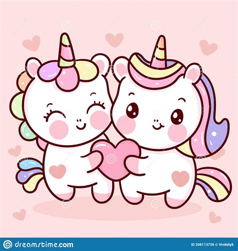 Cute Unicorns Couple Vector With Heart Sweet Pony Cartoon Pastel