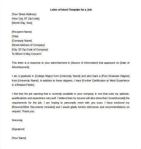 The job title you are applying for provide contact details for reaching you. 31+ Letter of Intent for a Job Templates - PDF, DOC | Free ...