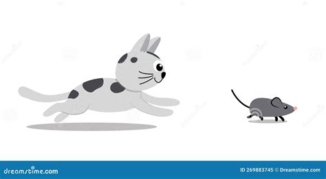 Grey Kitty Chases a Mouse. Cat, Kitten Runs a Mouse. Flat, Cartoon