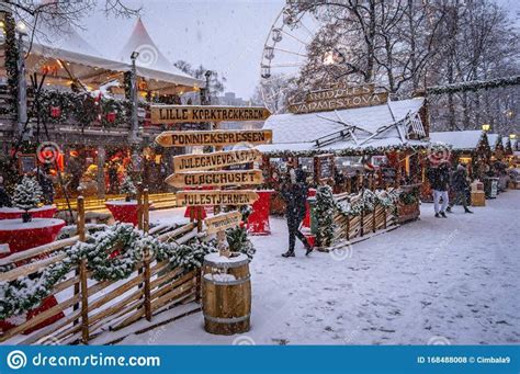 Photo About Traditional Christmas Market With Falling Snow Oslo