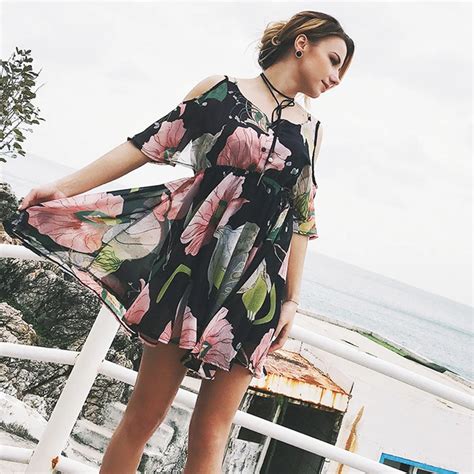 Sexy V Neck Summer Mini Dress Off The Shoulder Flower Print Dresses Female Casual Floral Ruffles