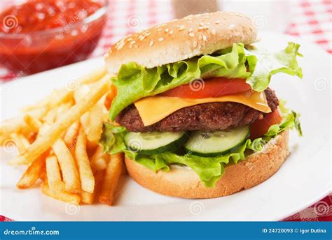 Classic Hamburger With French Fries Stock Image Image Of Horizontal