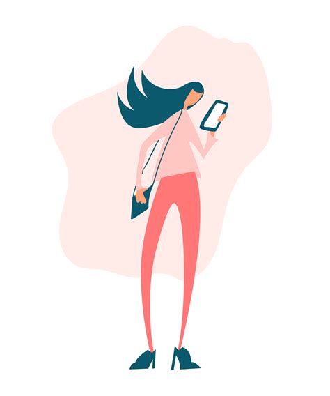 Young girl looking at mobile phone and checking social networks. Virtual communication. Vector ...