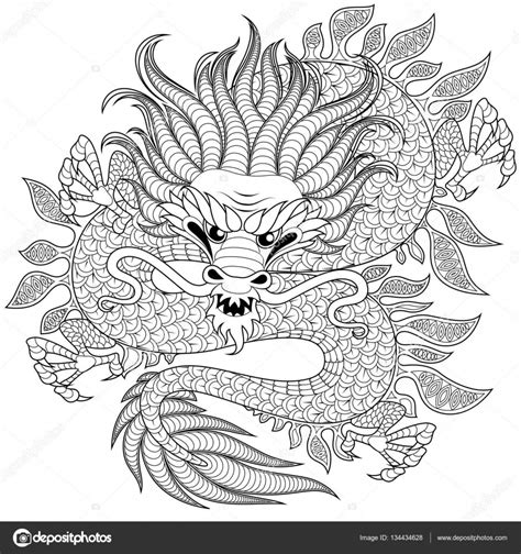 595 x 841 jpg pixel. Chinese draak in de stijl van de zentangle voor Tattoo. Volwassen anti-stressprogramma ...