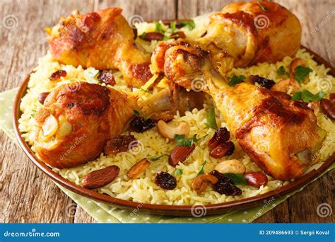 Homemade Arabic Spiced Rice And Chicken Topped With Nuts Raisins Closeup In The Plate