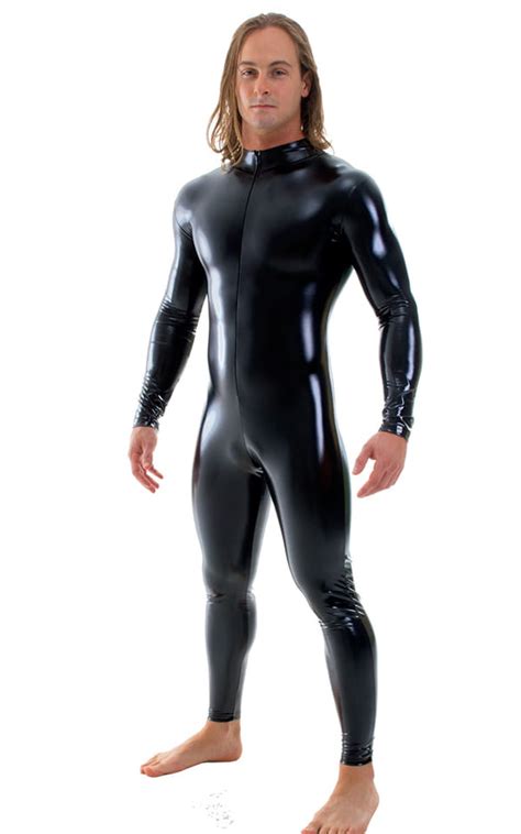 full bodysuit zentai lycra spandex suit for men in gloss black superstretch vinyl by skinz
