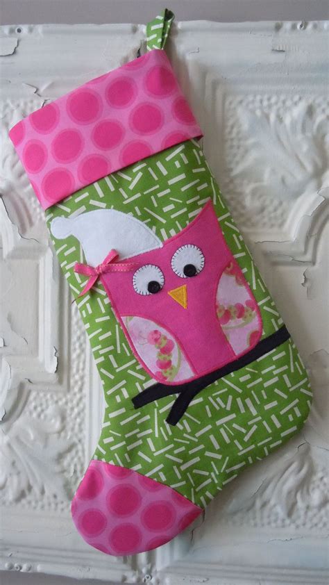 applique d owl girl christmas stocking in green and pink with only 5 cent shipping 34 95 via