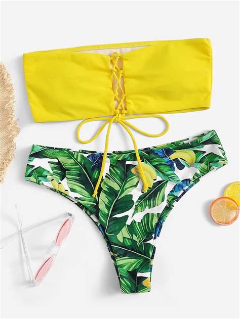 Lace Up Bandeau With Random Palm Print Bikini Set Palm Print Bikini