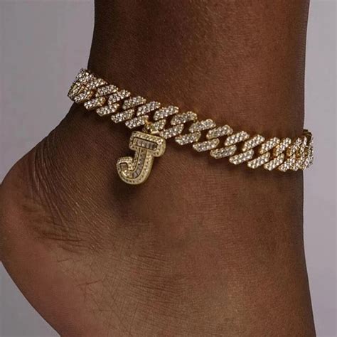 Chunky Initial Letters Cuban Link Chain Anklet For Women Men Iced Out