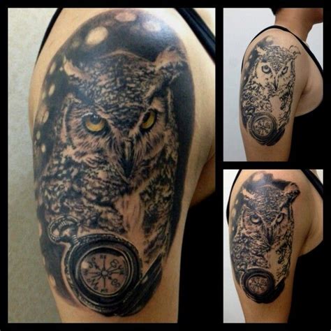An Owl With A Gas Mask Tattoo On His Arm And Shoulder Is Shown In Three Different Views