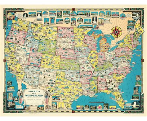 Vintage Usa Map Wall Mural 1941 Colorful Illustrated United Etsy