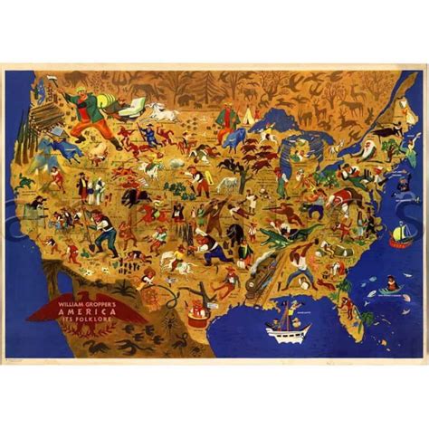 Usa William Gropper America Folklore Map Vintage Reprint Art Print