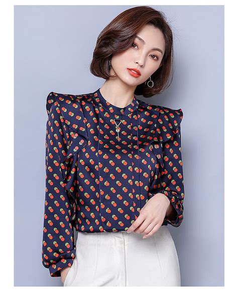 fm fashion 2019 korean elegant dot chiffon blouses women round neck ruffles long sleeve ladies