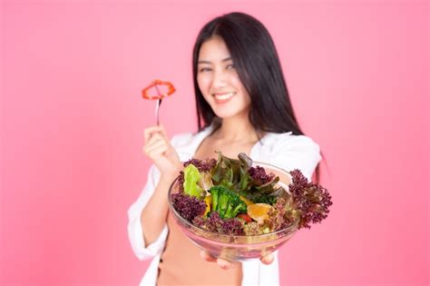 Free Photo Beauty Woman Asian Cute Girl Feel Happy Eating Diet Food Fresh Salad For Good