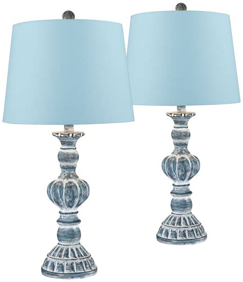 Regency Hill Country Cottage Table Lamps Set Of 2 Blue Wash Fabric
