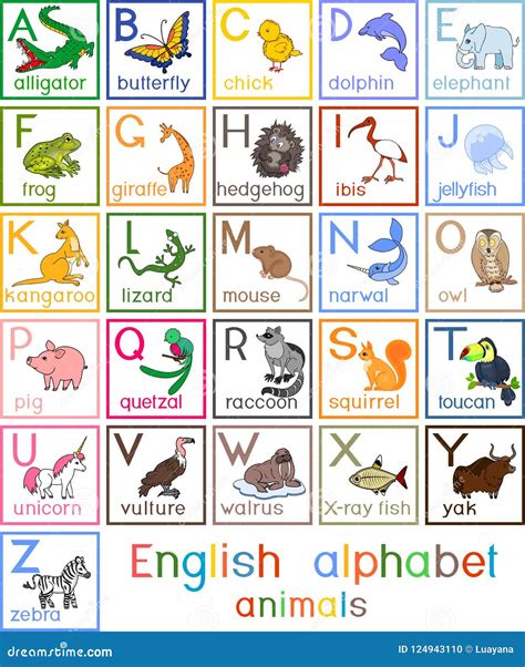 Alfabeto Inglés Colorido Con Las Imágenes De Los Animales De La