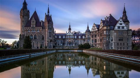 Scenic Reflection Of Moszna Castle Poland Sky Reflection Castle