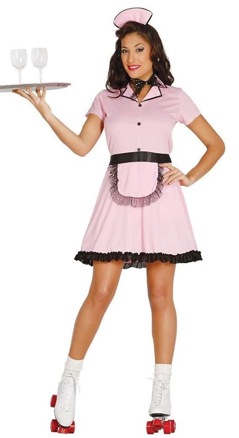 Ladies 50s Diner Costume Pink Waitress Outfit Fancy Dress Waitress