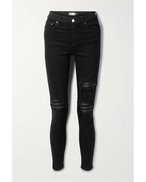 Amiri Mx1 Leather Trimmed Distressed High Rise Slim Leg Jeans In Black