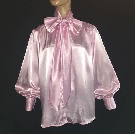 1x Liquid Satin Shiny Pink High Neck Bow Blouse Silky Vtg Shirt Top Bust 48 Ebay Bow Blouse