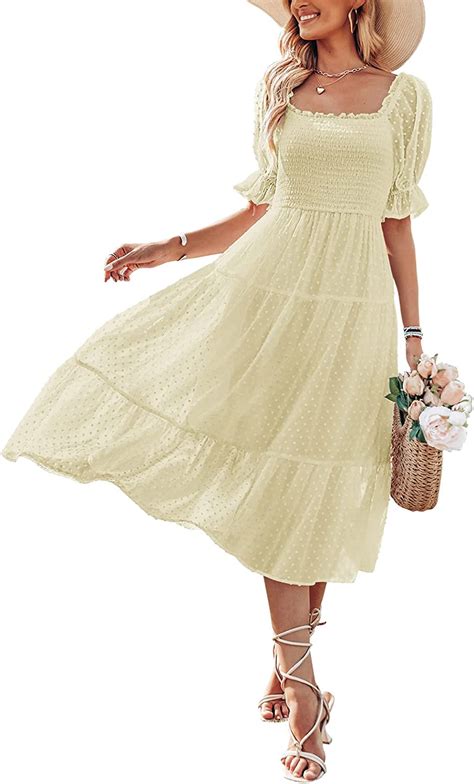 Merokeety Womens 2023 Summer Square Neck Puff Sleeve Boho Midi Dress Swiss Dot Ruffle Flowy Tie