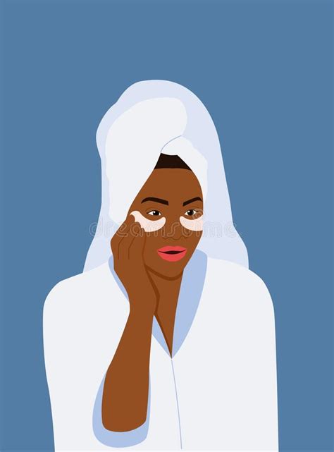 Dark Skinned Young Woman Towel Puts Patches On Her Face Stock Vector