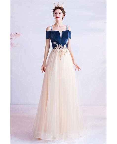 Elegant Blue Velvet With Tulle Aline Formal Dress With Flowers Straps Wholesale #T47029 ...