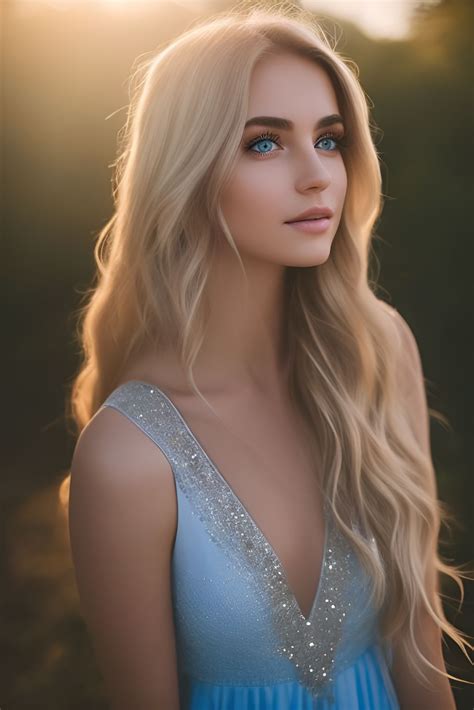 gomes2023 a beautiful 18 year old woman long blonde hair blue eyes in a long white dress with