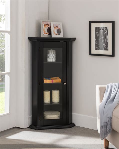 Didan Corner Curio Storage Cabinet With Glass Door And 3 Storage Shelves Black Wood Contemporary
